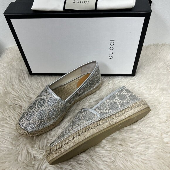 Gucci Espadrilles Heritage Logo Monogram Marmont GG Lame Silver Flat 38.5/39 - Picture 2 of 10
